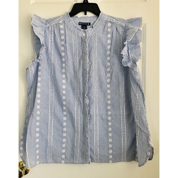 ARCHITECT 2X/3X TOP BUTTON DOWN SHORT SLEEVE STRIPE RUFFLE COTTON WHITE/BLUE 178 - Picture 1 of 7